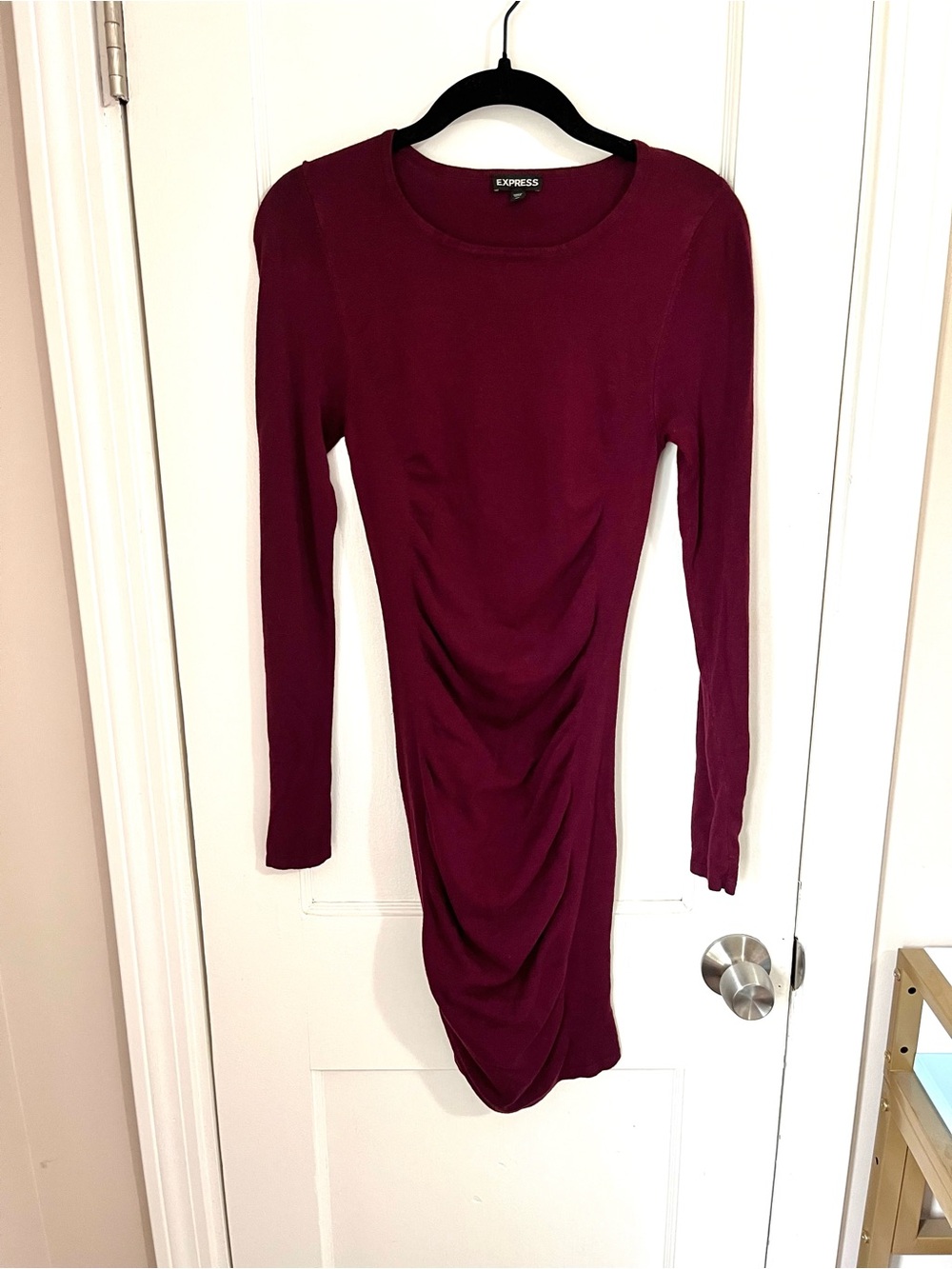 Express Burgundy Long Sleeve Ruched Bodycon Dress